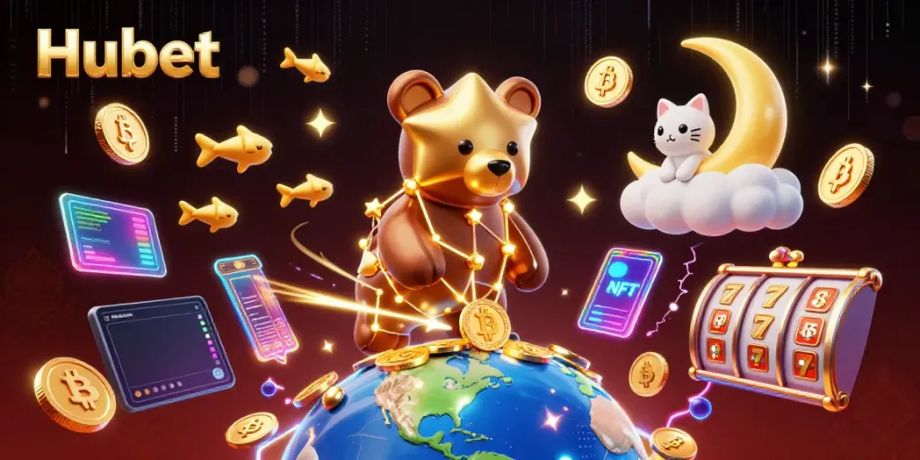 Experience thrilling wins with Hubet, featuring a constellation bear and vibrant casino elements.