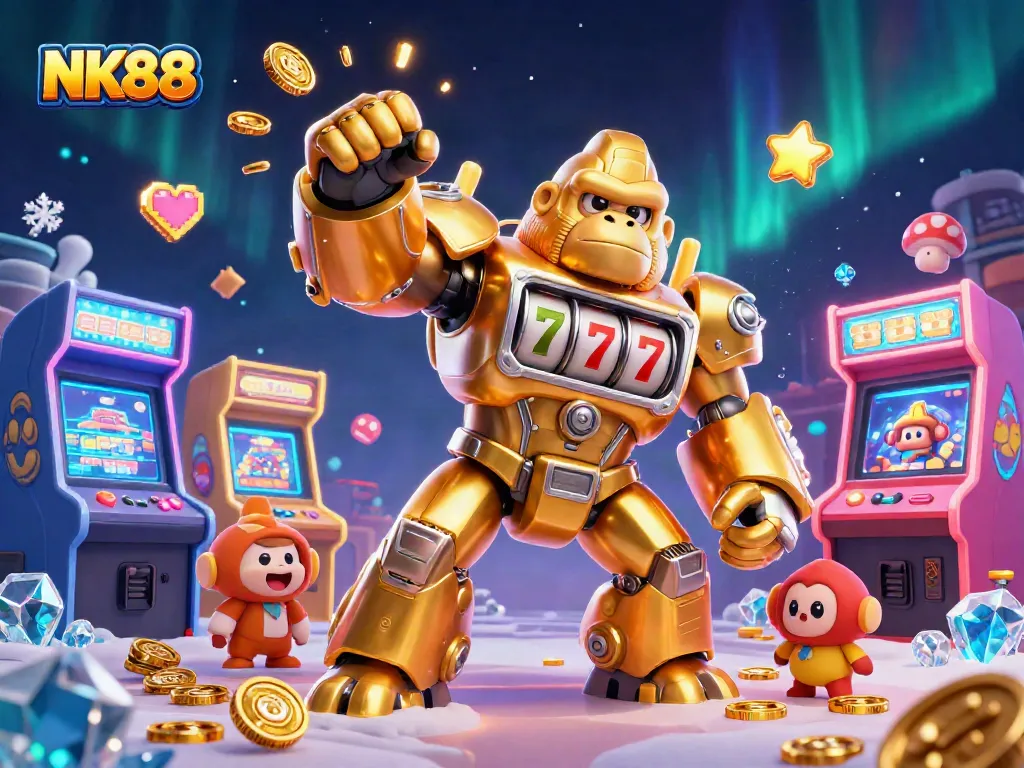 Join the thrill at NK88 with innovative slot games featuring golden gorilla mechs and dynamic arcade elements.