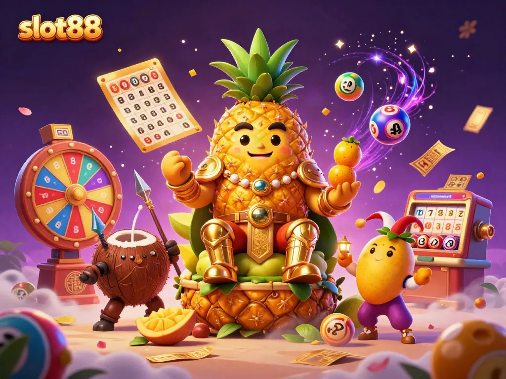 Spin to win with slot88 in a vibrant 3D scene featuring a golden pineapple king and dynamic casino elements.