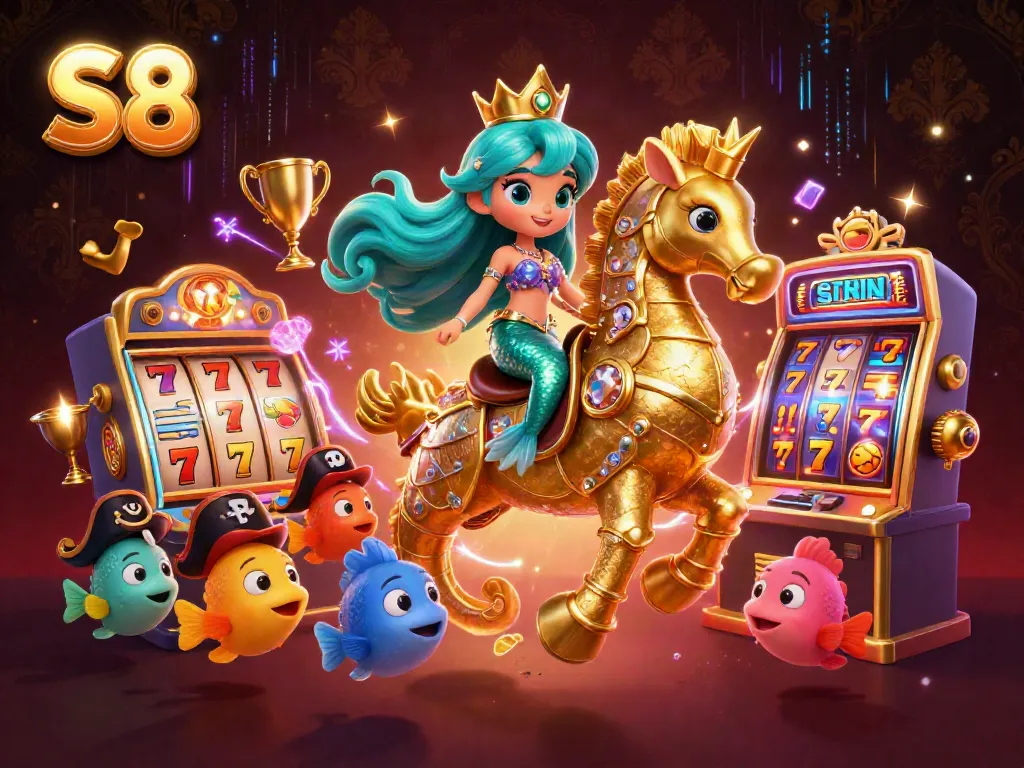 Experience thrilling wins with S8 in a vibrant 3D casino illustration featuring exciting slot elements.