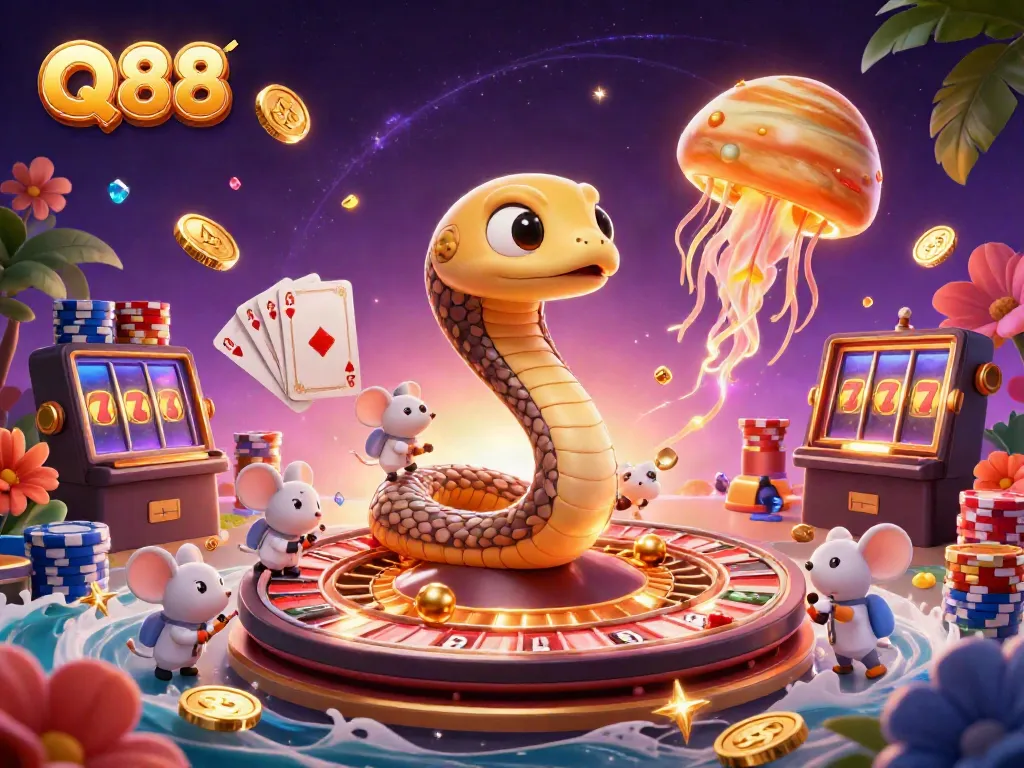 Experience a thrilling cosmic casino with Q88's vibrant characters and games in this digital art scene.