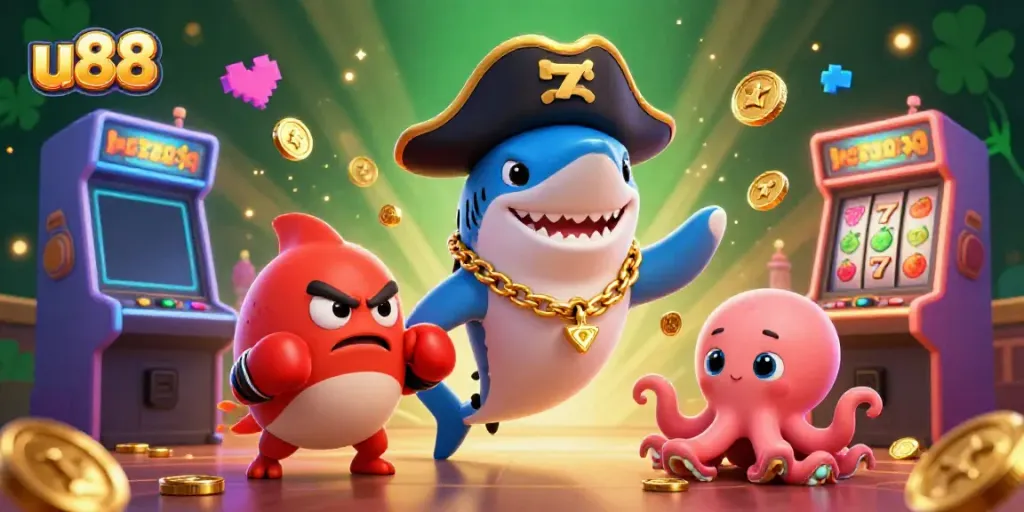 Experience the thrilling world of u88 with a vibrant 3D casino scene featuring a cartoon shark, pufferfish, and octopus among slot machine excitement.
