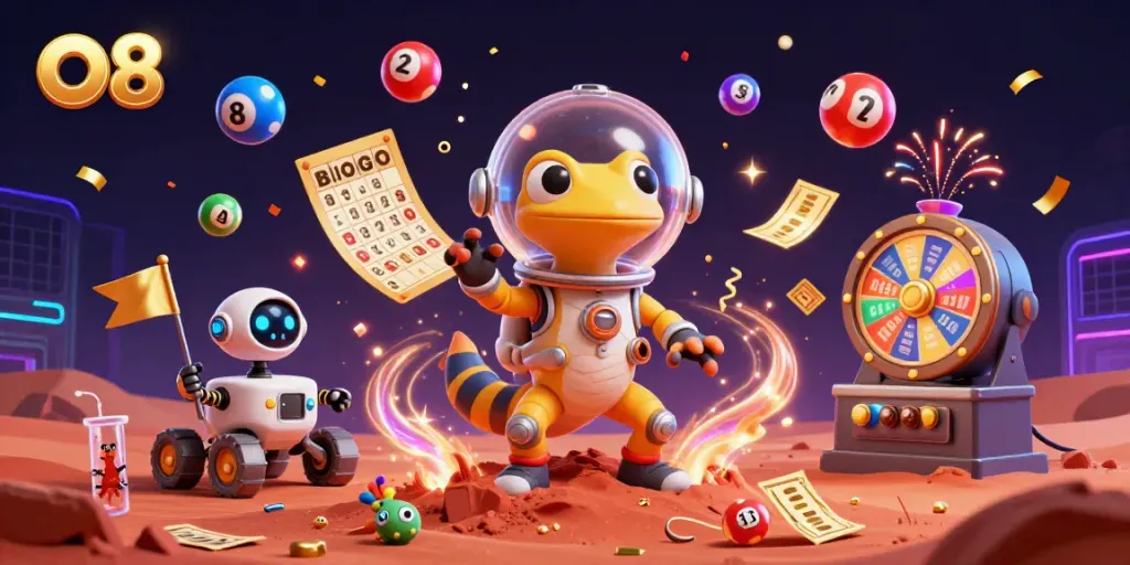Engaging scene featuring a Martian gecko exploring O8's golden casino with dynamic casino elements.
