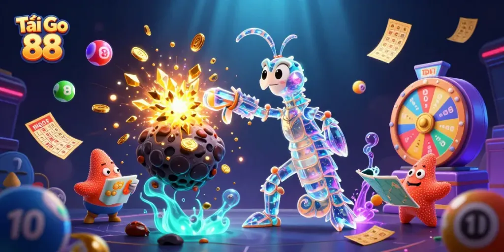 Experience the thrill of Tải Go 88 with vibrant characters and casino elements in an energetic galactic scene.