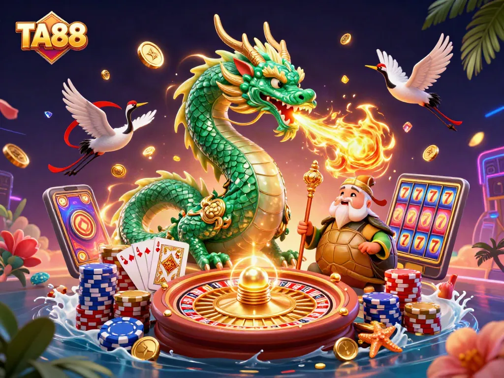 Experience the excitement of TA88 with dynamic casino elements and characters in a vibrant gaming scene.