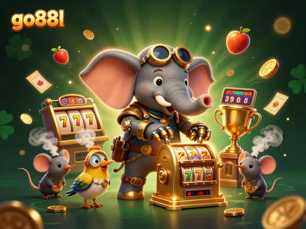 Engage with go88l as the steampunk elephant engineer spins golden slot machines amid vibrant casino elements.
