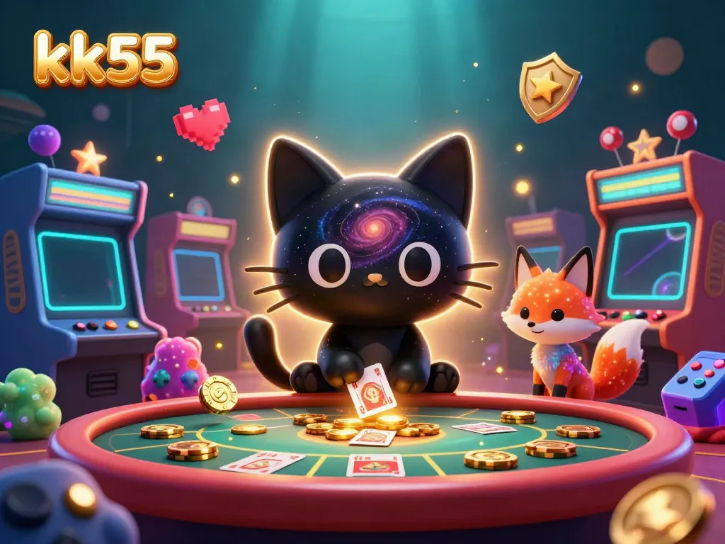 Experience the cosmic thrills of kk55 as a black hole cat pulls in casino riches amidst vibrant gaming elements.
