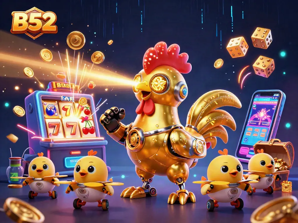 Experience B52 gaming excitement with a vibrant jackpot explosion from a slot machine and dynamic neon elements.