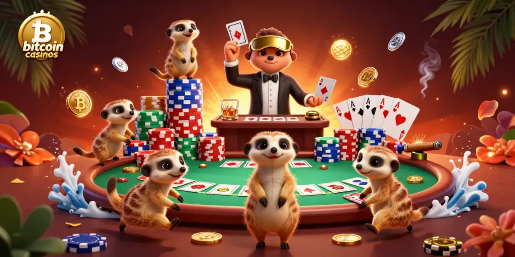 Play at bitcoin casinos with meerkats running the action in a vibrant casino scene.