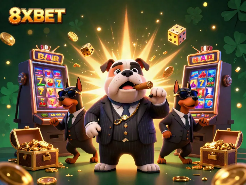 Experience the thrill of winning at 8XBET with an energetic 3D casino scene featuring dynamic gambling elements.