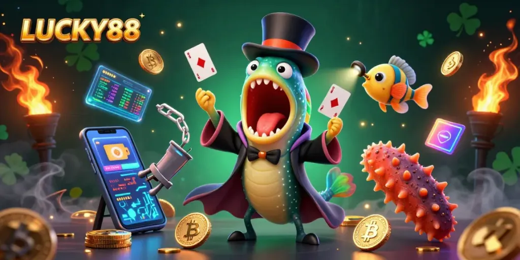 Join LUCKY88 in this vibrant 3D scene of a casino magic act, showcasing thrilling gambling excitement.