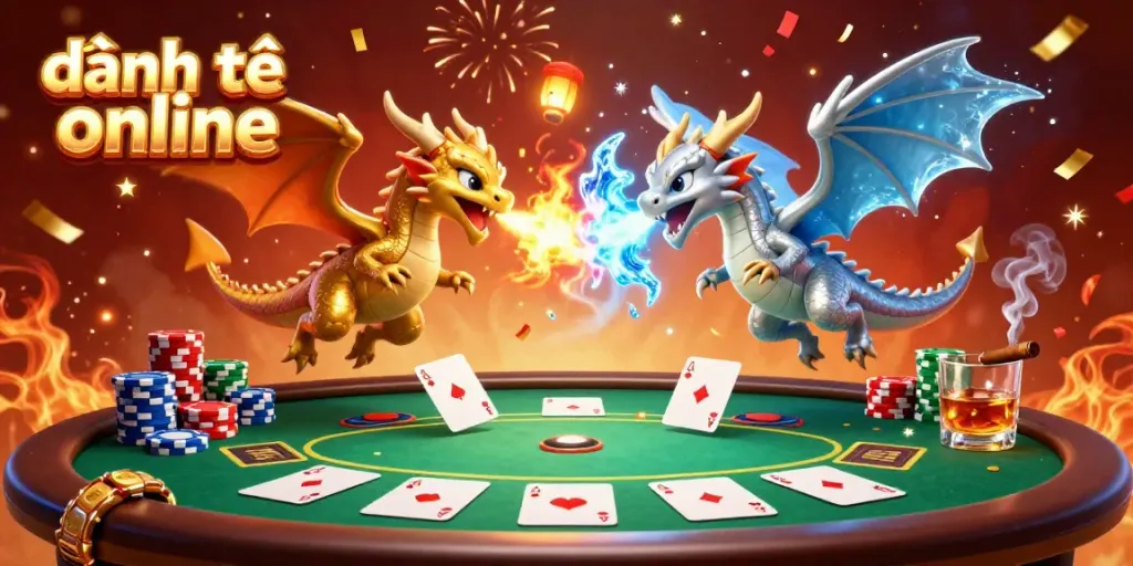 Engage in exciting đánh đề online gameplay with vibrant cartoon dragons and poker elements creating a dynamic casino atmosphere.