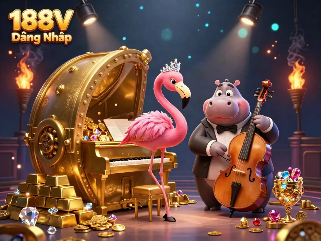 Engage with 188V Đăng Nhập featuring a lively casino scene with a flamingo singer and hippo bassist under sparkling lights.
