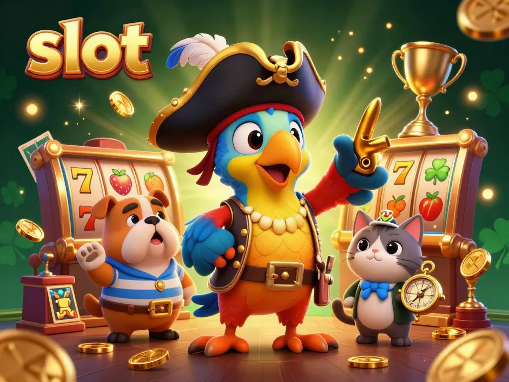 Engaging slot-themed illustration with a pirate captain parrot, bulldog, and cat amid dynamic game elements.
