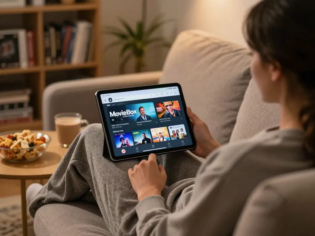Enjoying movies on mymovieboxproapp.com/moviebox-old-version/ in a cozy home environment with a tablet.