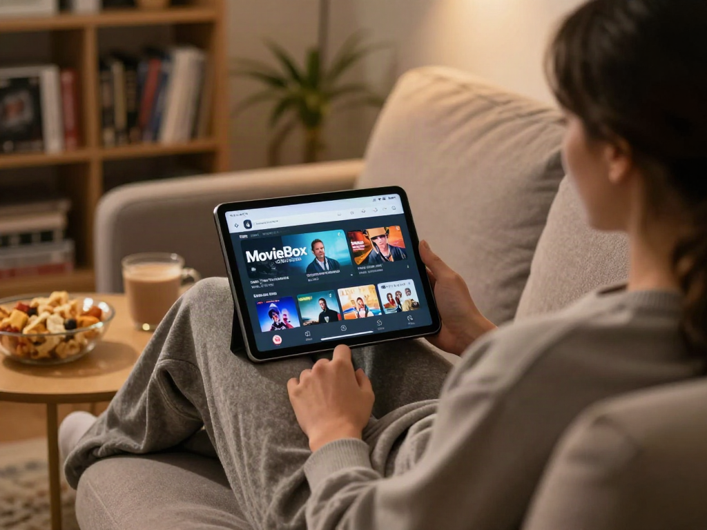 Enjoying movies on mymovieboxproapp.com/moviebox-old-version/ in a cozy home environment with a tablet.