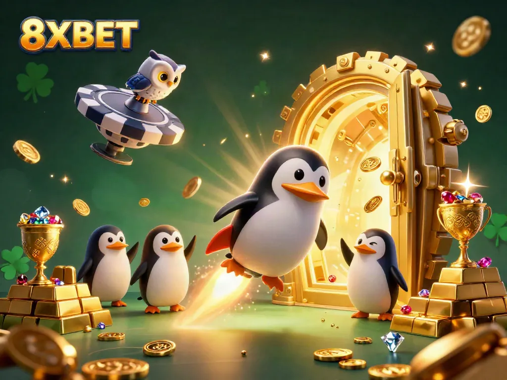 Experience online gaming excitement with 8XBET as a golden penguin navigates a vibrant casino universe.