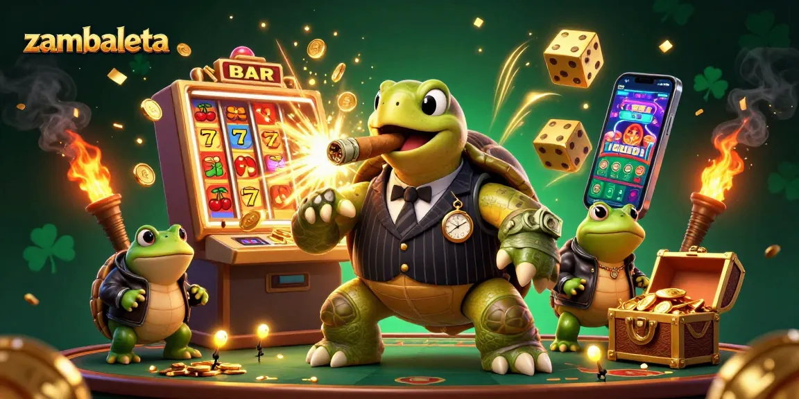 Zambaleta’s vibrant 3D casino scene with a turtle mobster, bullfrog enforcers, and dynamic slot machine action.
