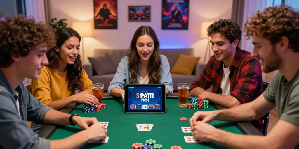 Friends enjoying 3 Patti no1 game together, vibrant atmosphere with chips and drinks.