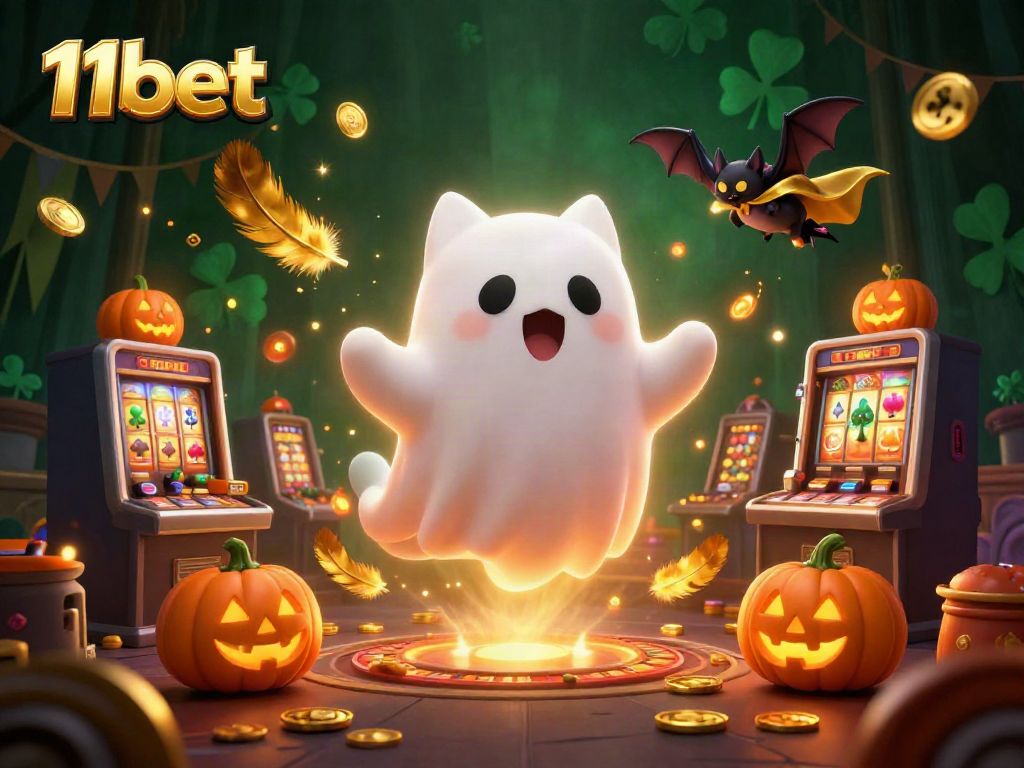 Play at 11bet with a haunted casino scene featuring ghost cats and glowing jack-o-lanterns.