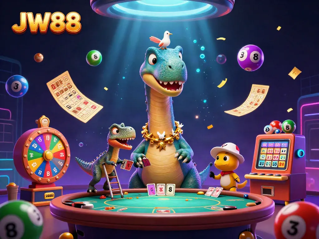 JW88 casino scene featuring a dinosaur dealer and vibrant lottery elements