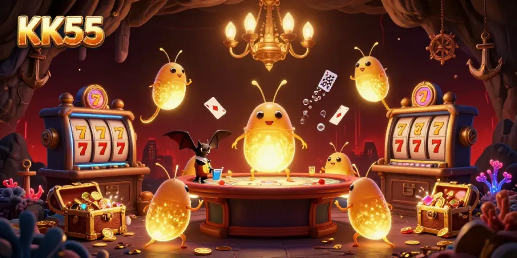 Play thrilling casino games with KK55 as glowworms illuminate a vibrant cave casino scene.