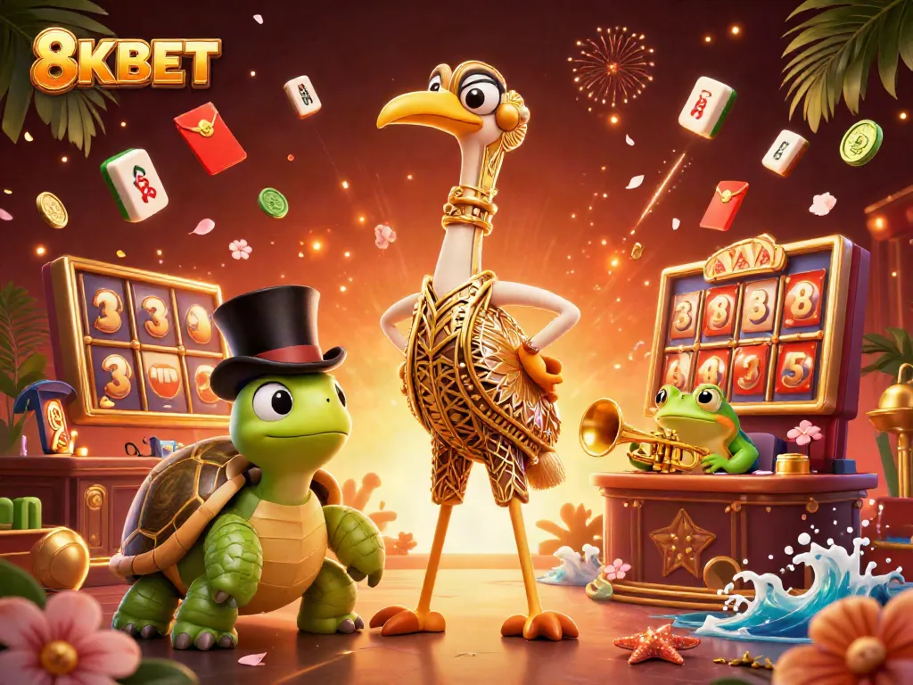 Experience thrilling games at 8KBET with vibrant visuals of slots, characters, and festive elements.