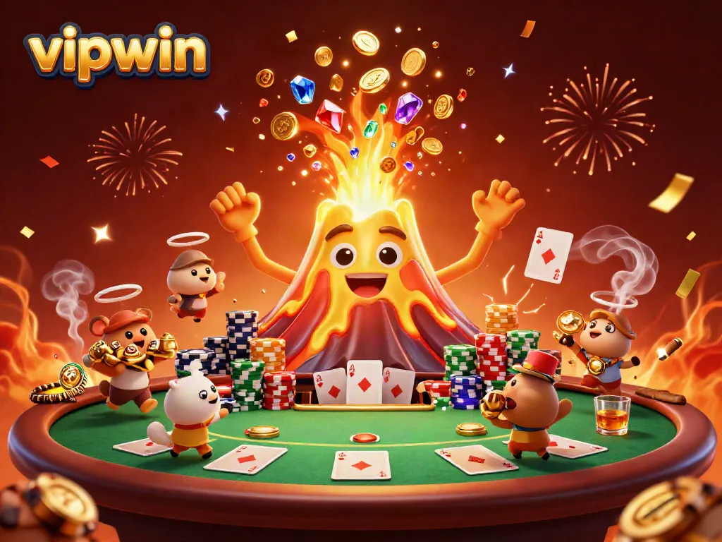 Engage with thrilling action at vipwin casino, featuring a golden volcano and poker elements in dynamic celebration.