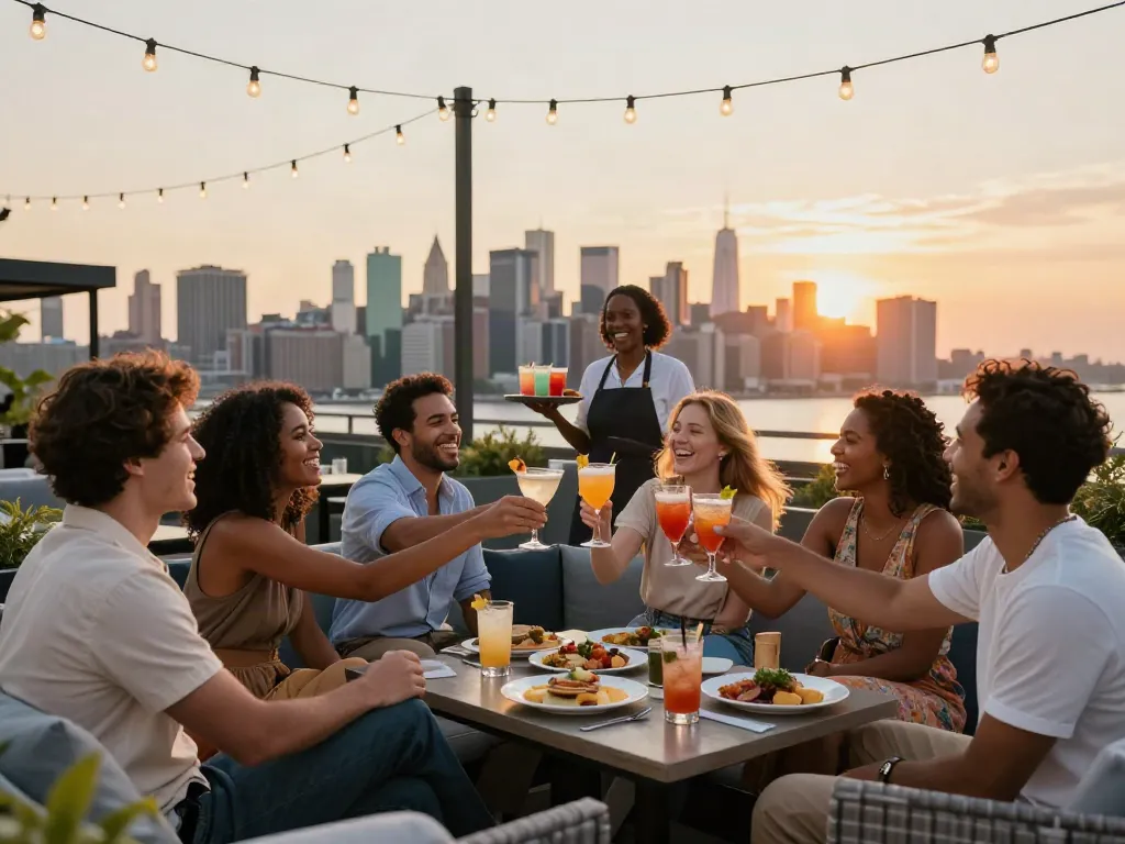 Friends enjoying cocktails at NoHu Rooftop in Weehawken, NJ, with Manhattan skyline views.