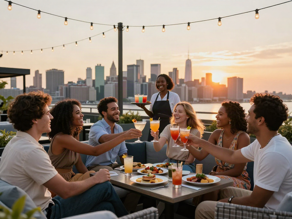 Friends enjoying cocktails at NoHu Rooftop in Weehawken, NJ, with Manhattan skyline views.