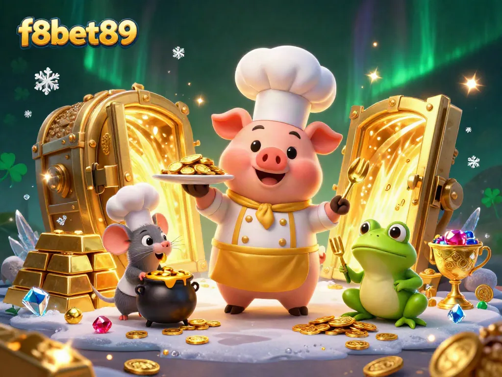 Chef pig serves gold coins as gourmet food in a vibrant casino scene showcasing f8bet89.