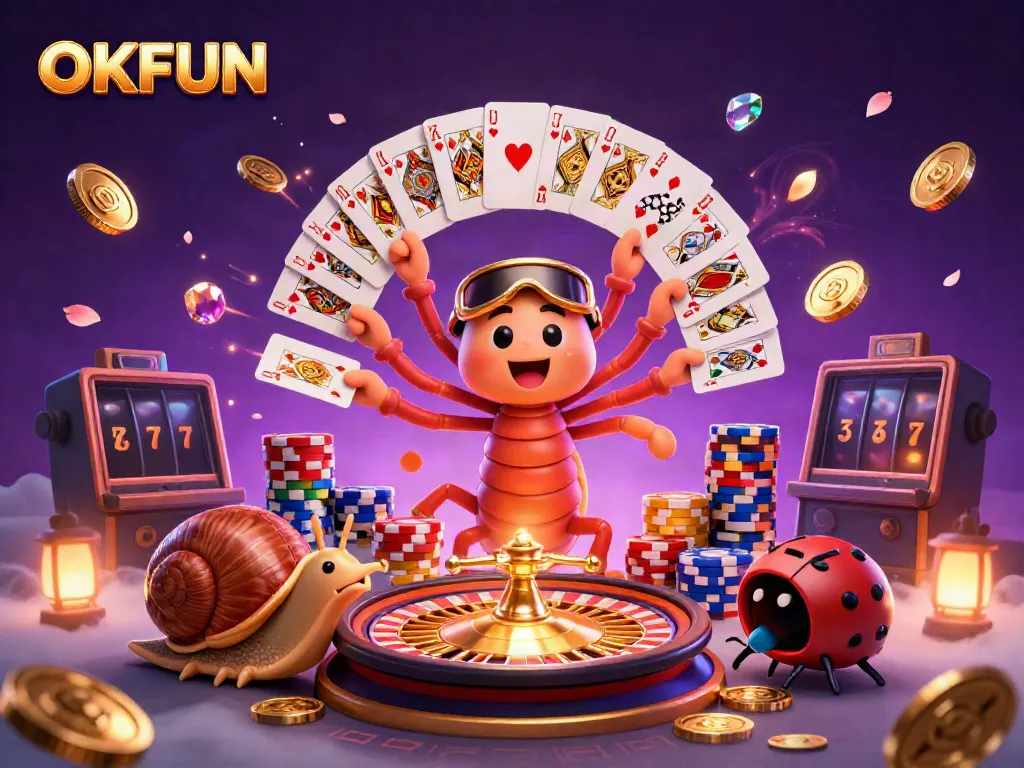 Engage with the exciting world of OKFUN as cartoon characters showcase vibrant casino elements.