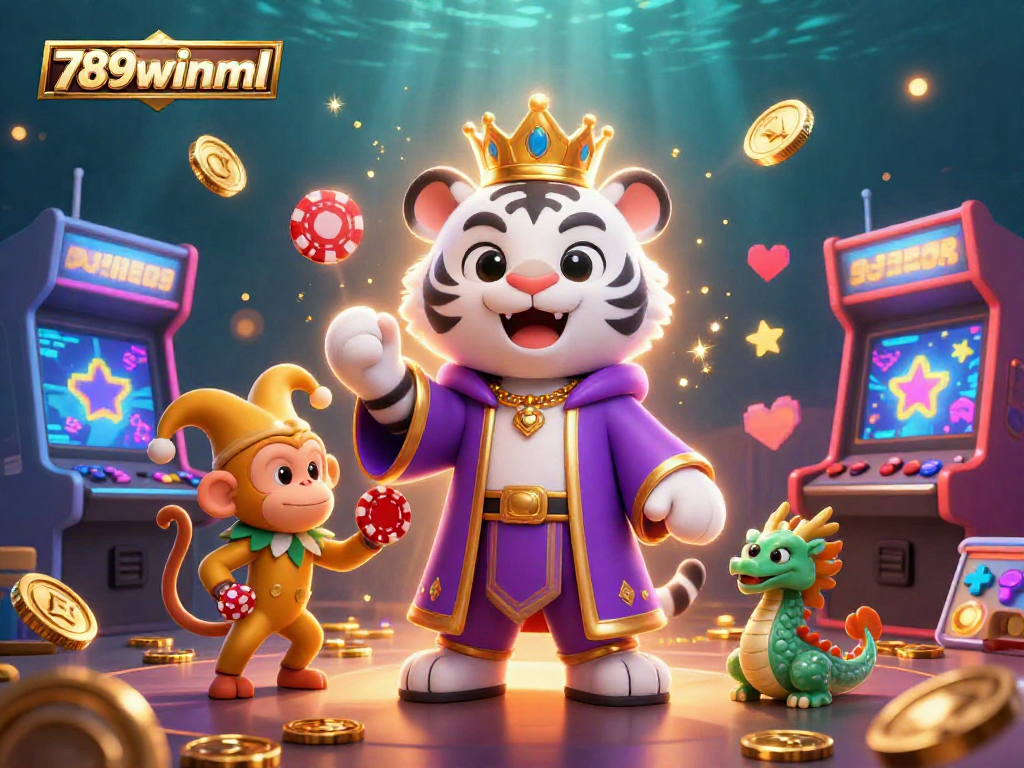 Engage with 789winml's vibrant, dynamic casino scene featuring a royal tiger, jester monkey, and jade dragon amid gaming machines.