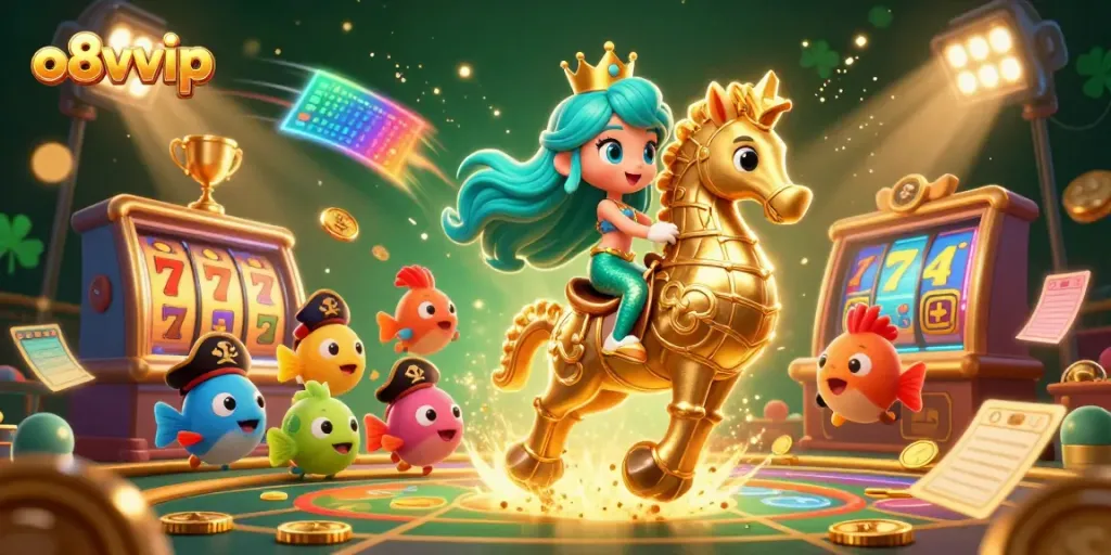 Experience thrilling jackpots and dynamic gameplay with o8vvip in this vibrant casino-themed illustration.