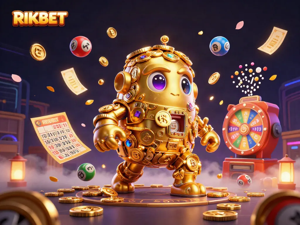 Experience the excitement of RIKBET with vibrant lottery elements and a golden golem surrounded by dynamic gambling action.
