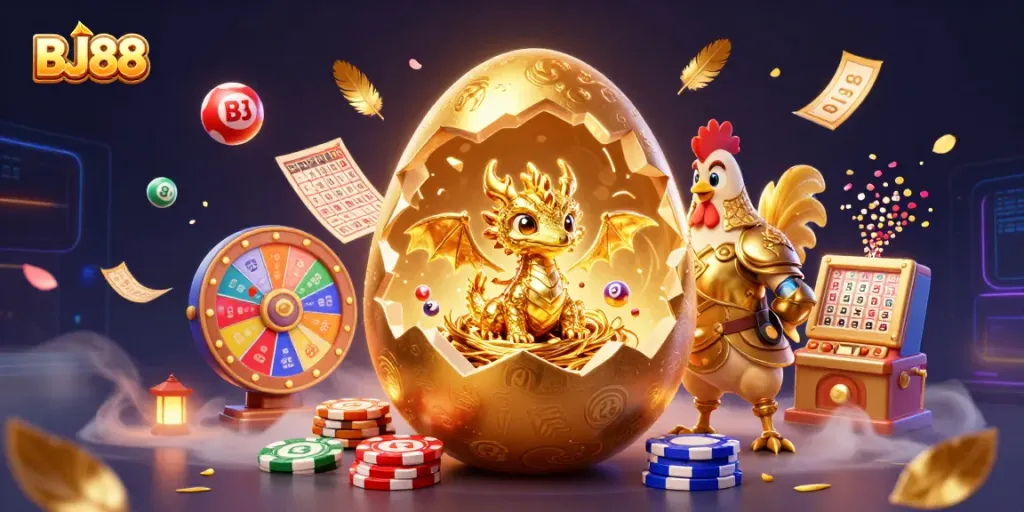Experience the thrill of BJ88 as a golden dragon emerges from a nest of poker chips, surrounded by vibrant casino elements.