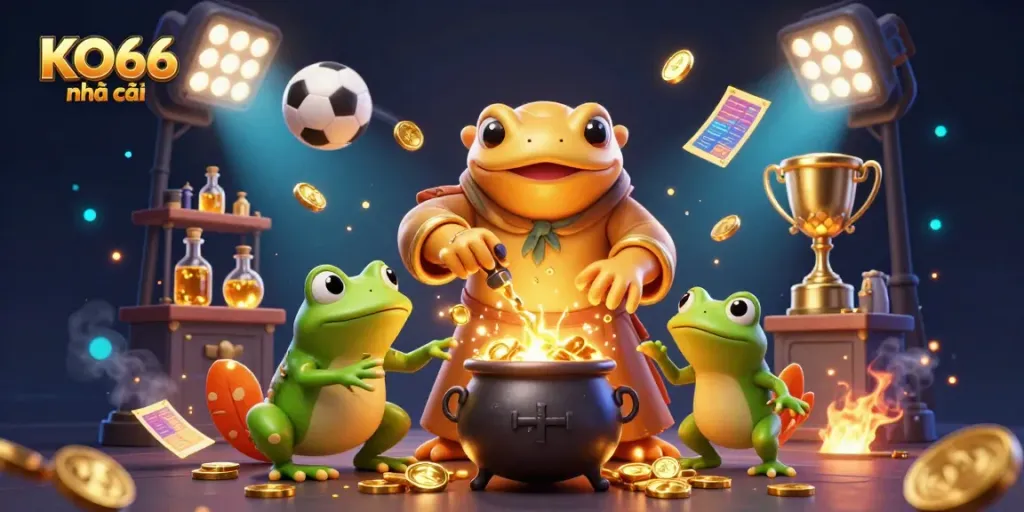 Engage in the excitement of KO66 nhà cái with a 3D magic scene of a golden alchemist and vibrant sports elements.