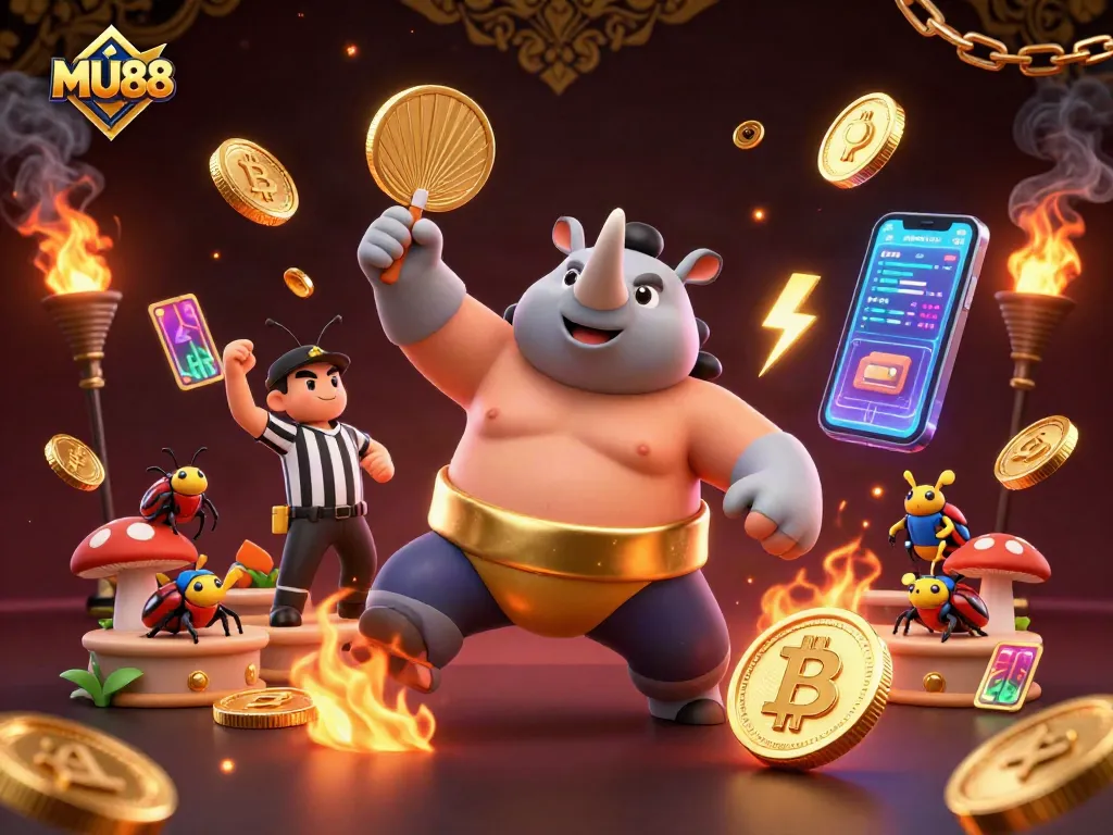 MU88 showcases an exciting casino scene with a beetle sumo champion and dynamic crypto game elements.