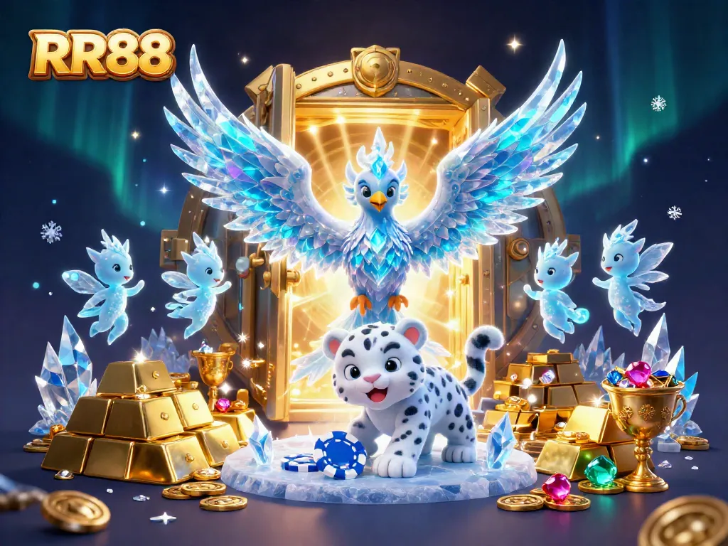 RR88 players engaging with a vibrant casino scene featuring a friendly ice phoenix and snow leopard, captured in a colorful, dynamic environment.