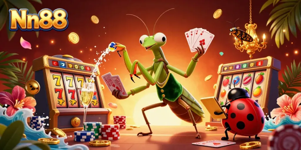 Nn88 casino scene showcasing a giant mantis and ladybug dealer managing vibrant slot games.
