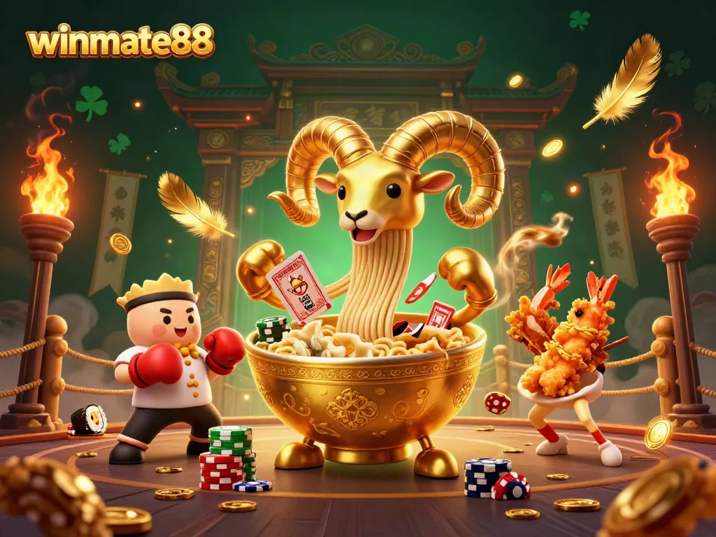 Join the excitement at winmate88 as the ramen bowl dealer stacks chips in a vibrant casino scene.