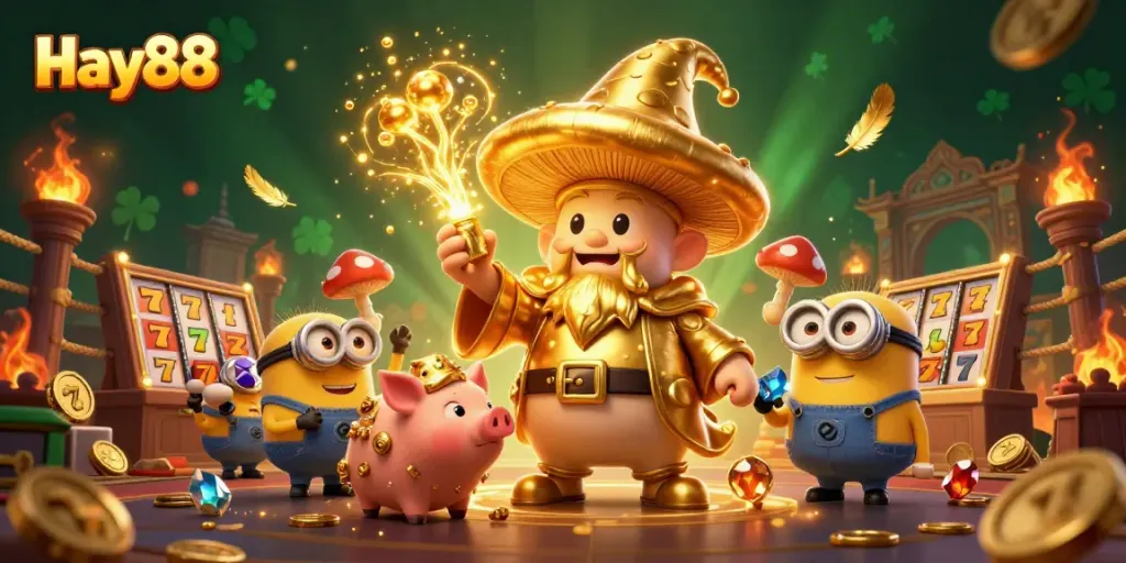 Engage with the magical world of Hay88, featuring a golden mushroom wizard transforming the casino environment.