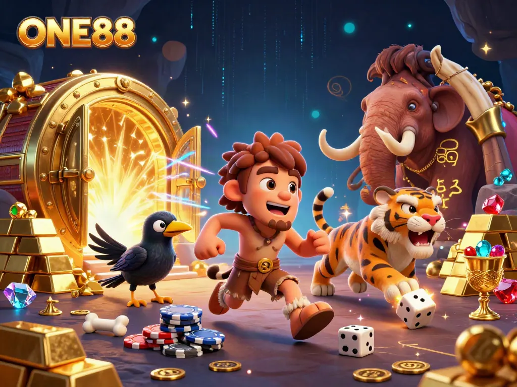 ONE88 casino with a cartoon caveman and sabertooth tiger amid treasures and vibrant lights.