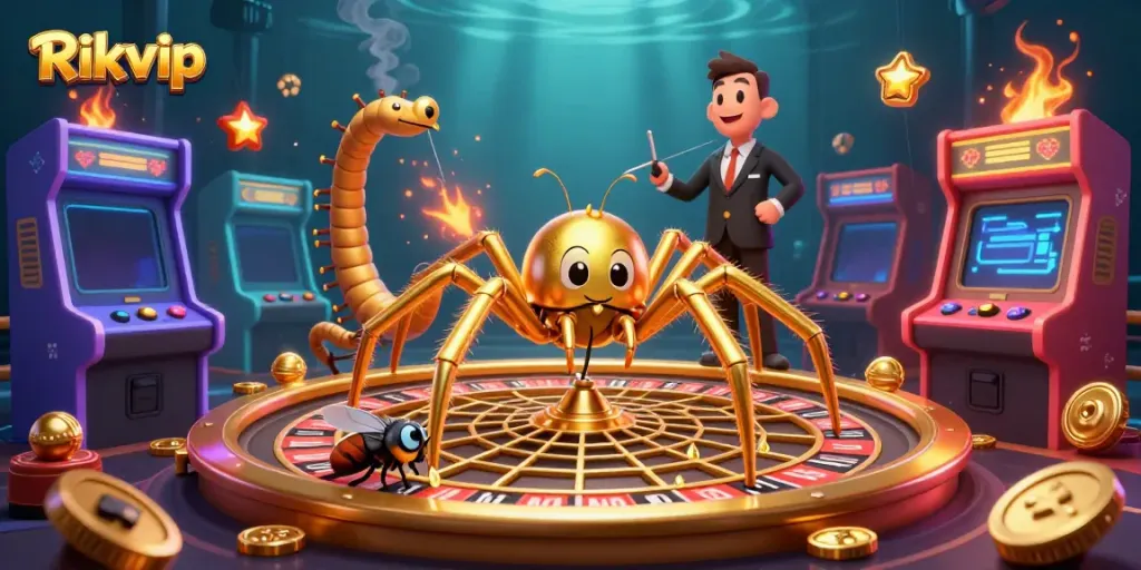 Experience the thrilling world of Rikvip casino with a unique 3D illustration featuring dynamic characters and vibrant gaming elements.